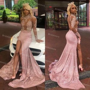 Sparkly Pink Sequin Mermaid Evening Dress 2021 See Through Top Lace Open Back African Long Sleeve Prom Dresses With Slit Black Girls Night Party Gowns