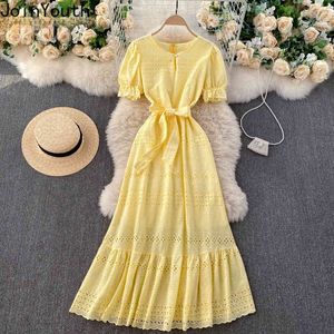 joinyouth Elegant Lace Hollow Out Solid Dress Women High Waist Hip A Line Mermaid Vestidos O Neck Long Sleeve Sashes Robe Summer