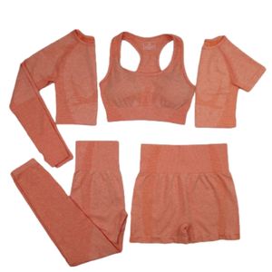 5 PC Set da yoga senza cuciture Fitness Tute sportive Abbigliamento da palestra T-shirt da yoga + Leggings a vita alta + Reggiseno + pantaloncini Set da allenamento 211230