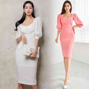 ピンクのタイトなドレス韓国の女性の夏の半袖クルーネックパーティーシースドレス210602