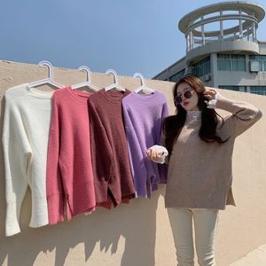 솔리드 컬러 봄 가을 느슨한 O 목 긴 소매 핑크 화이트 풀오버 여성 스웨터와 레이스 바닥 셔츠 탑 961G 210420