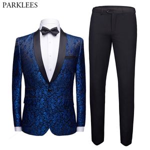 Blue Floral Jacquard Costume Homme Men Suits for Wedding 2 Pieces (Jacket+Pants) Stage Singer Perform Clothes Terno Masculino 210524