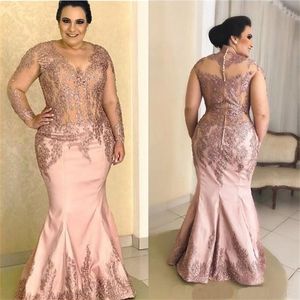 Tamanho rosa plus sereia mãe da noiva vestidos de renda apliques transparente decote em v mangas compridas roupas de noiva