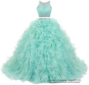 Quinceanera Dresses 2021 2 조각 스가 레이스 크리스탈 장식 조각 파티 댄스 파티 공식 Organza 구슬 장식 가운 Vestidos de 15 Anos Q15