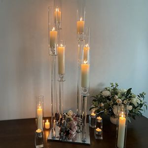 Nova decoração de design 6 braços Modern Wedding Centerpieces Crystal Clear Acrílico Cilindro Castiçal Senyu686