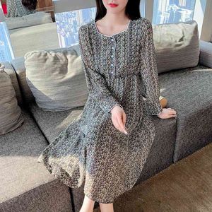 Vintage Chiffon Dresses Spring Women's Fashion Square Collar Printed flower Long-Sleeved High waist 614H 210420