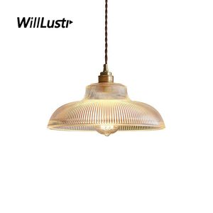 Clear Ribbed Glass Pendant Lamp Retro Copper Suspension Light Hotel Restaurant Dining Room Cafe Bar Japan Style Hanging Lighting