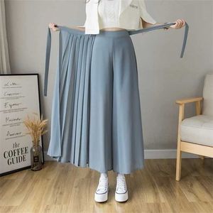 İlkbahar Yaz Tarzı Kore Kadınlar Pileli Şifon Pantolon Artı Boyutu Yüksek Bel Pantolon Hakama Rahat Geniş Bacak Pantalones 211115