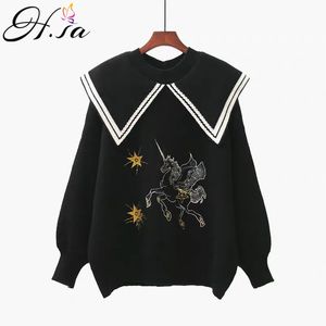 H.SA Vinter Kläder Kvinnor Kawaii Tröja och Jumpers Black White Cartoon Unicorn Broderi Pull Femme Hiver 210417