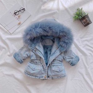 Winter Autumn Baby Girls Zipper Denim Jacket Children Large Fur Collar Windproof Clothes Boys 2-6Y 211011