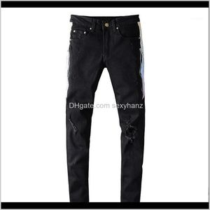 Odzież odzież Drop Dostawa 2021 Mężczyzna Plisowana Stripe Linia Patchwork Black Jeans Streetwear Slim Skinny Stretch Denim Ripped Pants1 V71KH