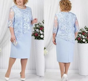 Light Sky Blue Mother Of The Bride Dresses Sheath Satin Lace Tea Length Women Short Prom Party Gowns With Long Sleeves Cape Jacket Plus Size Robe de Soiree AL9831