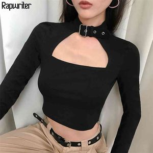 Gothic Hollow Out Halter T-Shirt Manica lunga Donna Streetweat Stretch Sheer Slim Ladies Black Tee Shirt Crop Top 210510