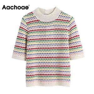 Aachoae Summer Fashion Knitted T Shirt Women O Neck Stylish Hollow Out Tshirt Female Short Sleeve Stripe Jumper Tops Ropa Mujer 210413