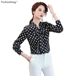 Yüksek Kaliteli Varış Siyah Yay Yaka Polka Dot Bluz Kadınlar Bayanlar Kız Moda Uzun Kollu Gömlek S-5XL Rahat Kadın Bluzlar Tops