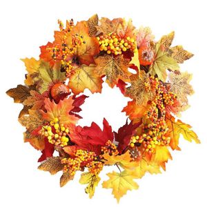 Pumpkin Maple Leaf Wreath Artificial Flower Garland Autumn Harvest Thanksgiving Halloween Decoration Halloween Wreath Berry Deco Y0831