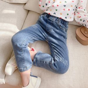 Jeans WLG Kids Girls Jean Spring Fall Denim Blue Ripped Solid Baby Girl Fashion Trousers For 2-7 Years