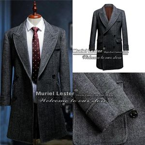 Men's Suits & Blazers Spring/Autumn Suit Jackets Men Slim Fit Grey Herringbone Business Outfit Double Breasted Overcoat Long Coat Custom Mad