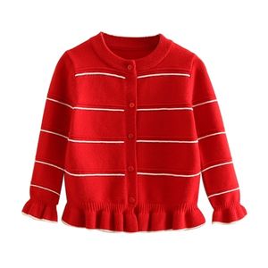 Autumn Spring 3 4 6-12 Years Teenage Christmas Gift Red O-Neck Ruffles Cotton Knitted Cardigan Sweaters For Kids Baby Girls 210701