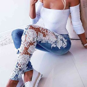 Women Spring Floral Lace Crochet Hollow-Out Jeans Female Casual Solid Hollow Out Denim Pants Lady Sexy Pencil Skinny Trousers 210415