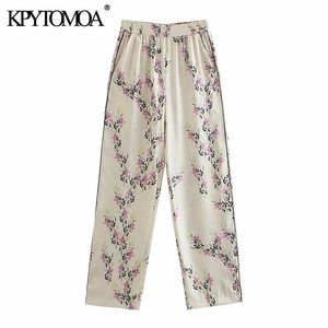 KPytomoa mulheres chique moda com tubulação floral calças de impressão vintage alta elástica cintura lado bolsos feminino calças mujer 211115