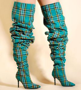 Buty jesienne zima kobiety w kratę tkanina nad kolanem długie seksowne obcasy buty żeńskie botki botas mujer
