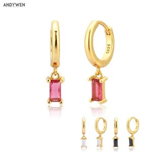 Andywen 925 Sterling Silver Gold Rose Red Drop Kolczyk Piercing Cyrkon Crystal Luksusowy Moda Fine Jewelry Rock Punk Party 210608