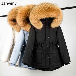 Janveny Große Natürliche Waschbären Pelz Mit Kapuze 90% Ente Unten Jacke Taille Einziehbare Weibliche Parkas Winter Frauen Dicke Warme Mantel 211130