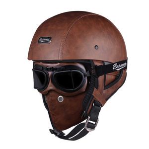 Retro Skull motorcycle helmet Vintage PU Leather half helmet Electric Motorbike scooter helmet Moto casco with Goggles and Mask Q0630