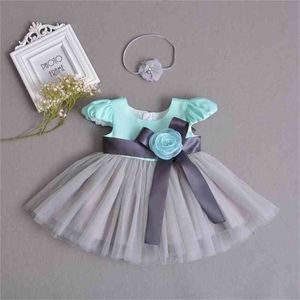 Retail Baby Girl Batening vestido primeiro aniversário Batismo azul cinza princesa vestido + headband + outerwear E650 210610