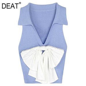 [DEAT] Summer Fashion V-neck Sleeveless Splicing Bow Beading Knitting Temperament Women Thank Tops 13Q299 210527