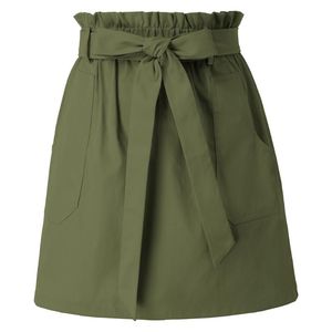 Kjolar Kvinnor Bälte dekorerade kjol med fickor Elastisk midja A-Line Mid-lår Längd Sommarflicka Ungdom Ladies Fashion Short