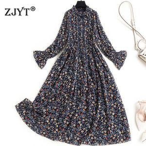 Europa moda roupas roupas primavera designers flare manga floral impressão chiffon vestido vintage vestidos bohemian festa 210601