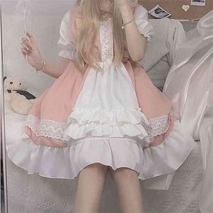 QWEEK Kawaii Lolita Maid Dress Pink Goth Gothic Urodziny Party Rękaw Puff Japoński Harajuku Wzburzyć Lace-Up Soft Girls 210729
