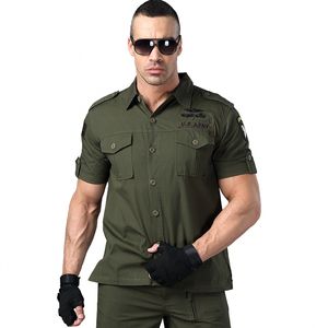 Mężczyźni Khaki Koszula Z Krótkim Rękawem Koszula wojskowa Mężczyźni Bluzka Pilot Kamuflaż Double Pocket Loose Army Green Model Męska koszula 210518