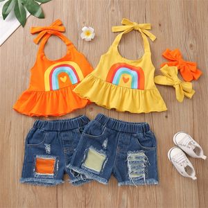 Clothing Sets Girls Outfits Baby Clothes Kids Child Summer Cotton Tank Tops Shorts Jeans Pants Rainbow Headbands 3Pcs 1-5Y B4903 1865 Y2