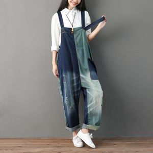 Johnature Casual Jeans Full Length Loose Jumpsuits Patchwork Pockets Mixed Colors Spring/Autumn Rompers Women Jumpsuit 210521