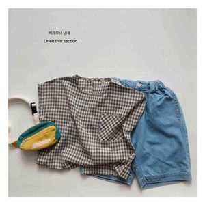Summer New Toddler Baby Boy Girl Cotone e lino Sottile Gilet per bambini Kid Plaid Pattern Soft Top senza maniche 210413