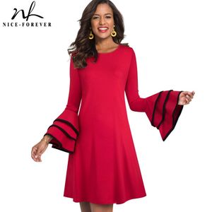 Nice-forever Causal Bright Red Color Dresses with Trumpet Sleeve Women Straight Shift Loose Dress btyT020 210419