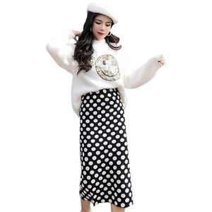 Kjolar höst vinter klassisk vintage prickmönster kjol koreansk stil hög midja sticka rakt för kvinnor