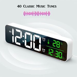 Sveglia digitale con musica ad alto volume LED Orologio da parete Decorazione per la casa Camera da letto Tavolo da scrivania Specchio con termometro di temperatura, calendario 210804