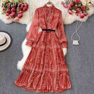 Neploe Vintage Print Bohemian Holiday Dress Donna Vita alta Hip Sashes A Line Long Vestidos Spring Robe Manica lunga 210510