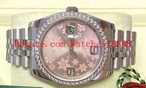 Kadın saati Datejust 36mm 116244 Elmas Çerçeve Dial Paslanmaz çelik PEMBE ÇİÇEK Kadın Otomatik Hareketi Saatler