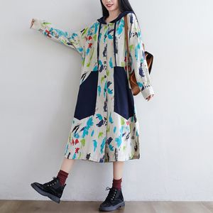 Johnatur Retro Fashion Print Hooded Patchwork Ficka Långärmad Coat Höst Lös Fritid All-Match Kvinnor Windbreaker 210521