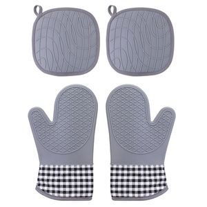 Silikonugnmitts och potthållare sätter med quilted liner värmebeständigt kök mitt vattentäta flexibla isoleringshandskar för bakning grillning