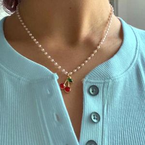 Pendant Necklaces Korea Charms Pearl Cherry Necklace For Women Metal Vintage Harajuku DIY Shiny Crystal 90s Aesthetic Gifts 2021