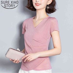 Fashion Summer Blouses V-nacke Slim Office Lady Tops Solid Short Sleeve Kvinnor Plus Solorit 4855 50 210508