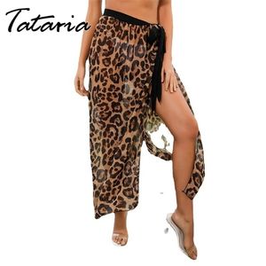 Mode Kvinnor Leopardtryck Kjolar Sommar Solskydd Chiffon Lace Up Midi Sexig Tulle Femme Seaside Beach 210514