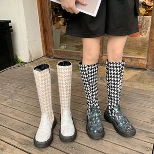 Houndstooth Print Long Boots Fashion Women's Knee-high Spring and Autumn Thick-soled Thin Martin Boots