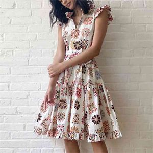 Women Summer Elegant Print Dress Sleeveless Ruffles V-Neck Sashes Bow Tie Female Casual A-Line Dresses Vestidos 210513